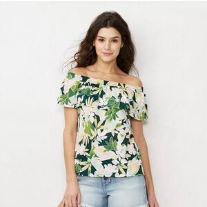 LC Lauren Conrad Smocked Ruffle Off Shoulder Top Size Medium Kismet Blooms Blue